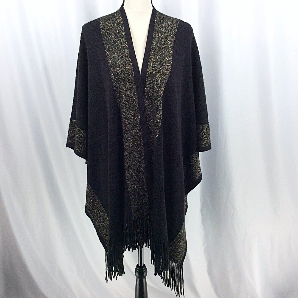 MixIt Shawl Cardigan Sweater One Size Black Gold Fringe Poncho Kimono Open Front